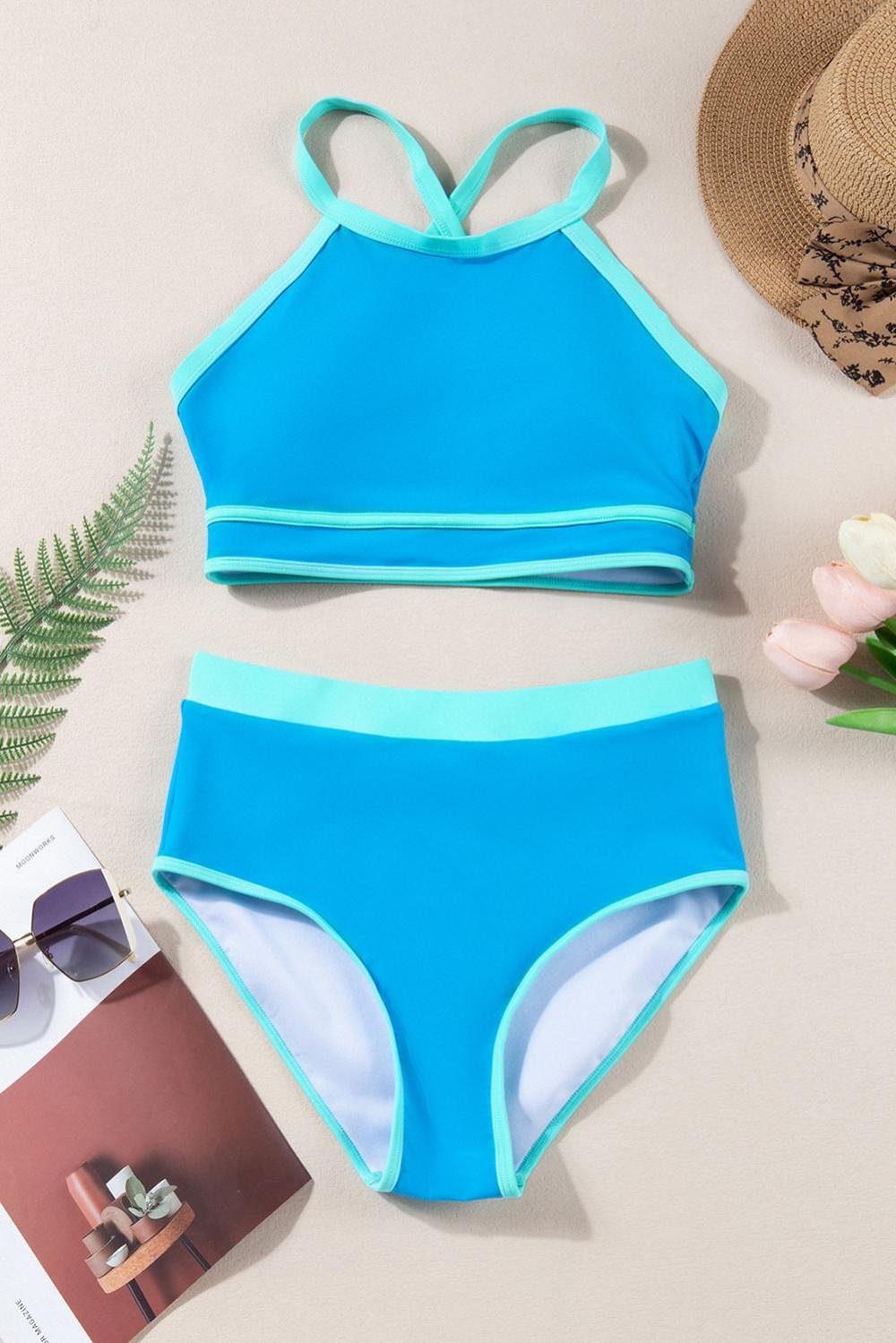 Bikini Sets | Women Blue Contrast Trim Crisscross Back High Waisted Bikini