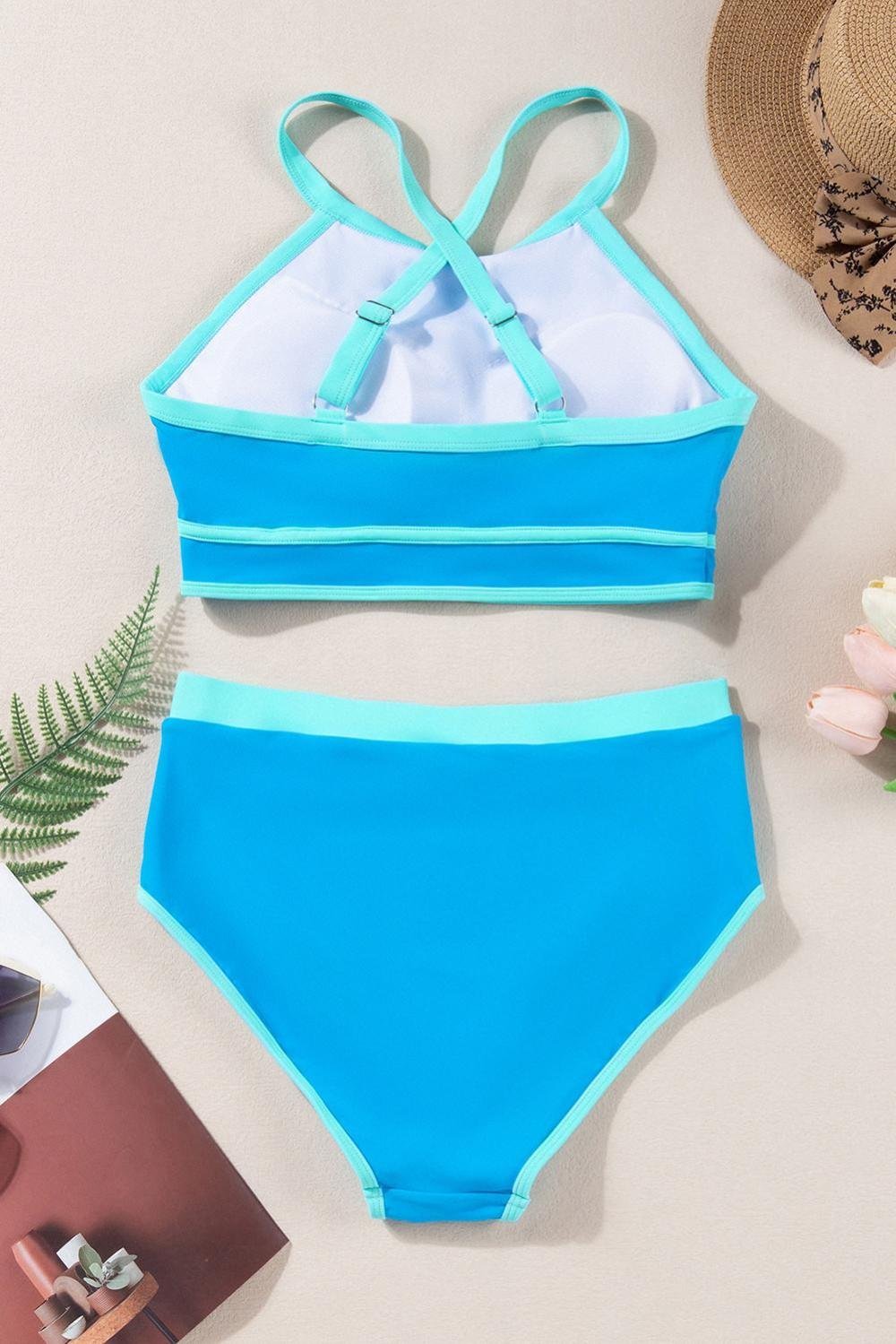 Bikini Sets | Women Blue Contrast Trim Crisscross Back High Waisted Bikini