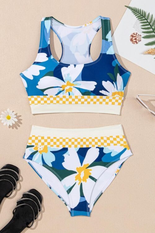Bikini Sets | Women Green Floral Print Racerback High Waist Bikini Swimwear