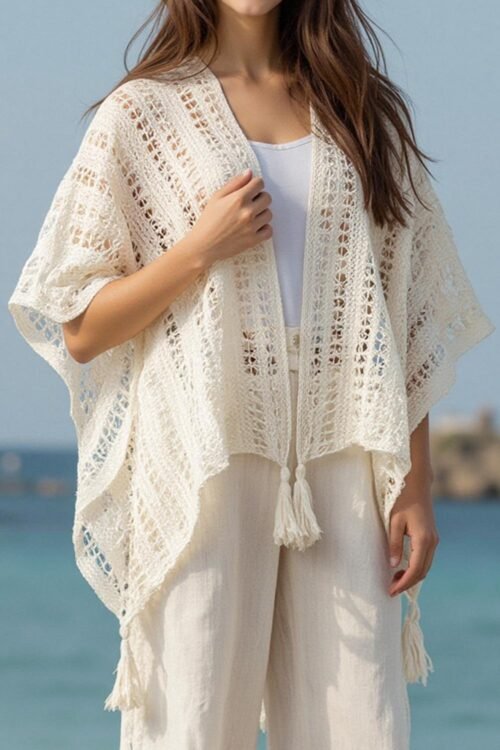 Cover-Ups | Women Beige Solid Color Tassel Open Front Knit Cover Up