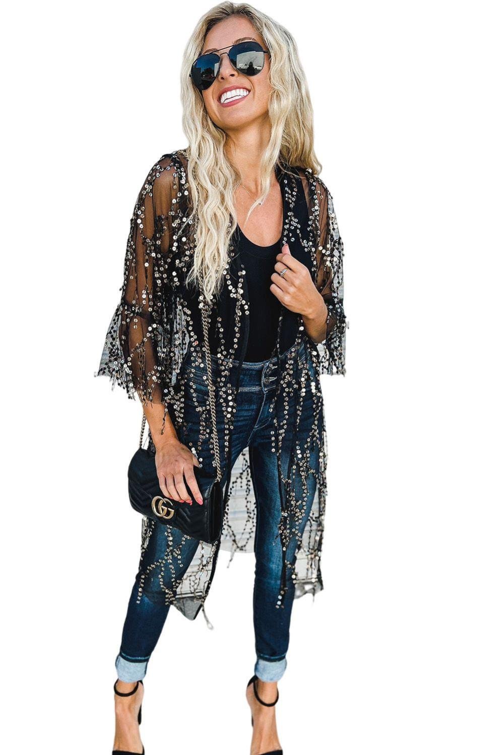Cover-Ups | Women Black Sequin Sheer Casual Open Front Cover Up