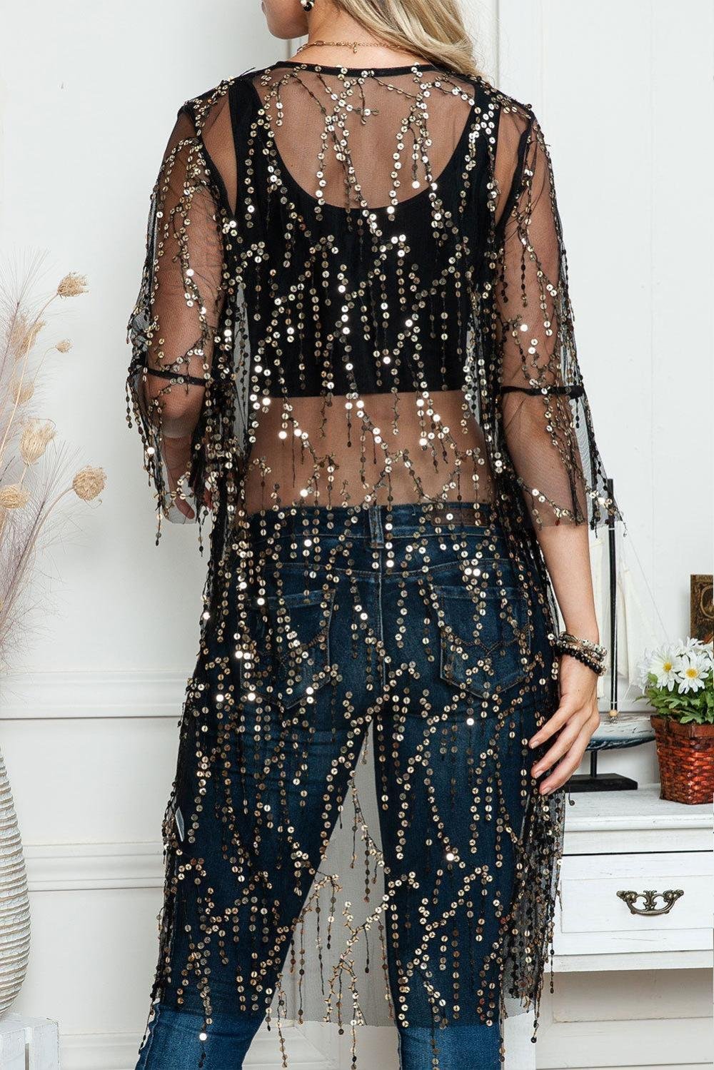 Cover-Ups | Women Black Sequin Sheer Casual Open Front Cover Up