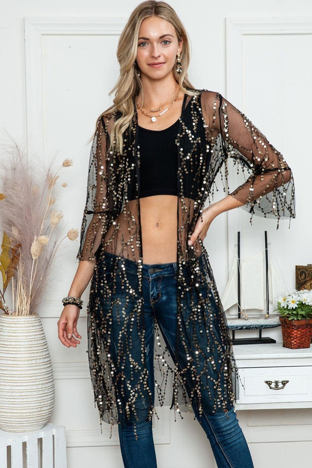 Cover-Ups | Women Black Sequin Sheer Casual Open Front Cover Up