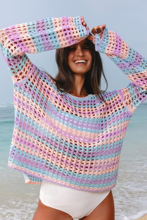 Cover-Ups | Women Purple Striped Hollow Knit Summer Beach Cover Up