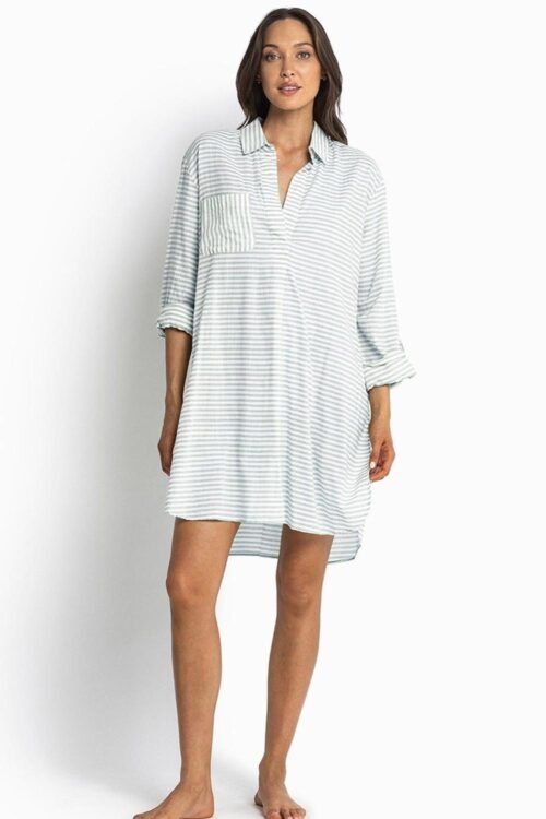 Cover-Ups | Women White Stripe Collared V Neck Chest Pocket Long Sleeve Beach Cover Up