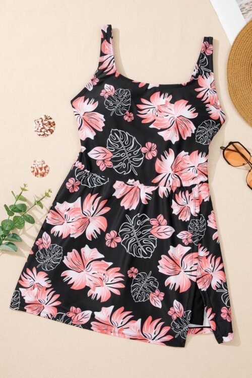 One-Piece | Women Black Floral Print Twisted Backless Swim Dress