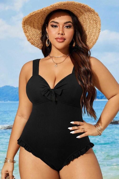 One-Piece | Women Black Plus Size Textured Knot Ruffle Trim One Piece Swimwear