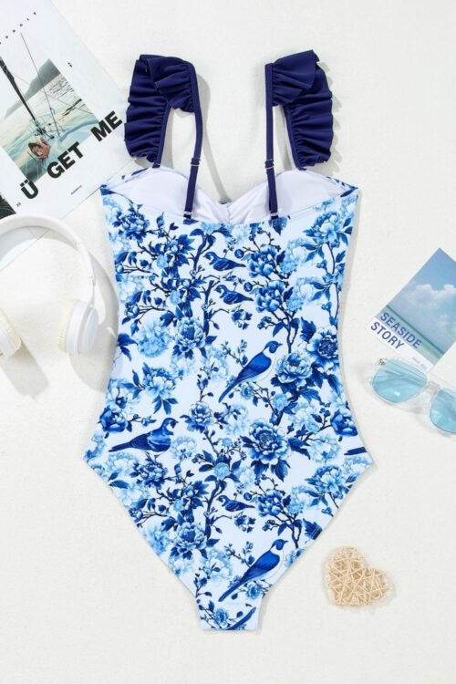 One-Piece | Women Blue Cutout Ruffle Spaghetti Strap One-Piece Swimwear