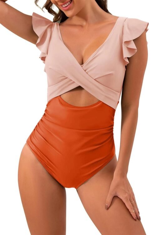 One-Piece | Women Orange Color Block Cut Out Criss Cross One Piece Swimsuit