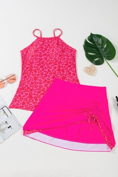 Tankinis | Women Rose Leopard Drawstring Side Tankini 2pcs Swimsuit
