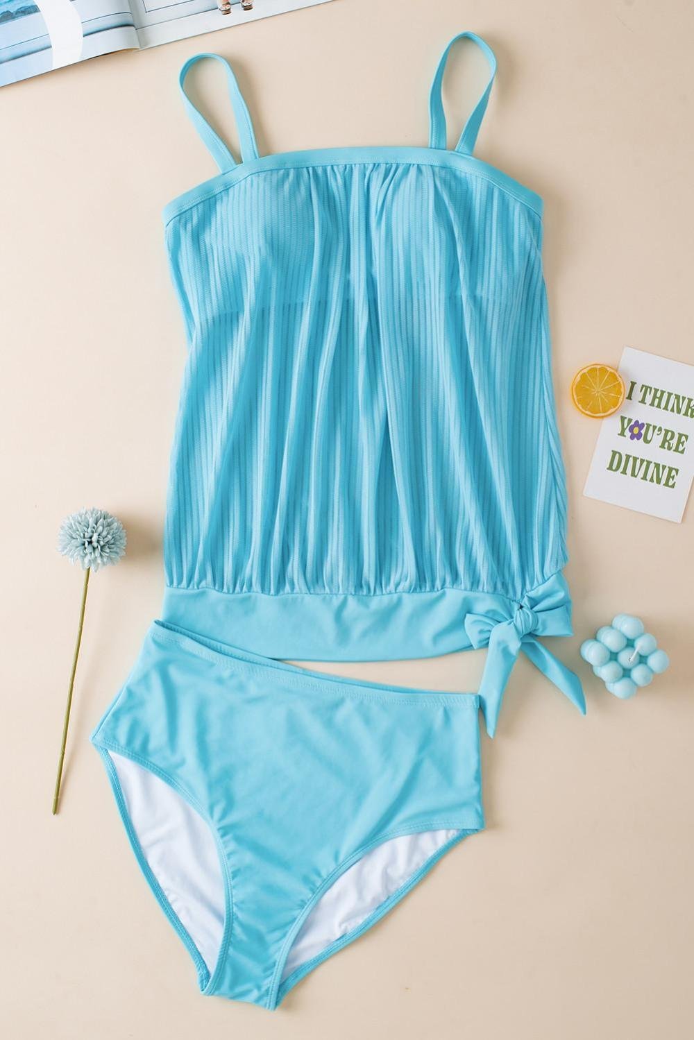 Tankinis | Women Turquoise Striped Mesh Top And Knotted Bottom Tankini Set