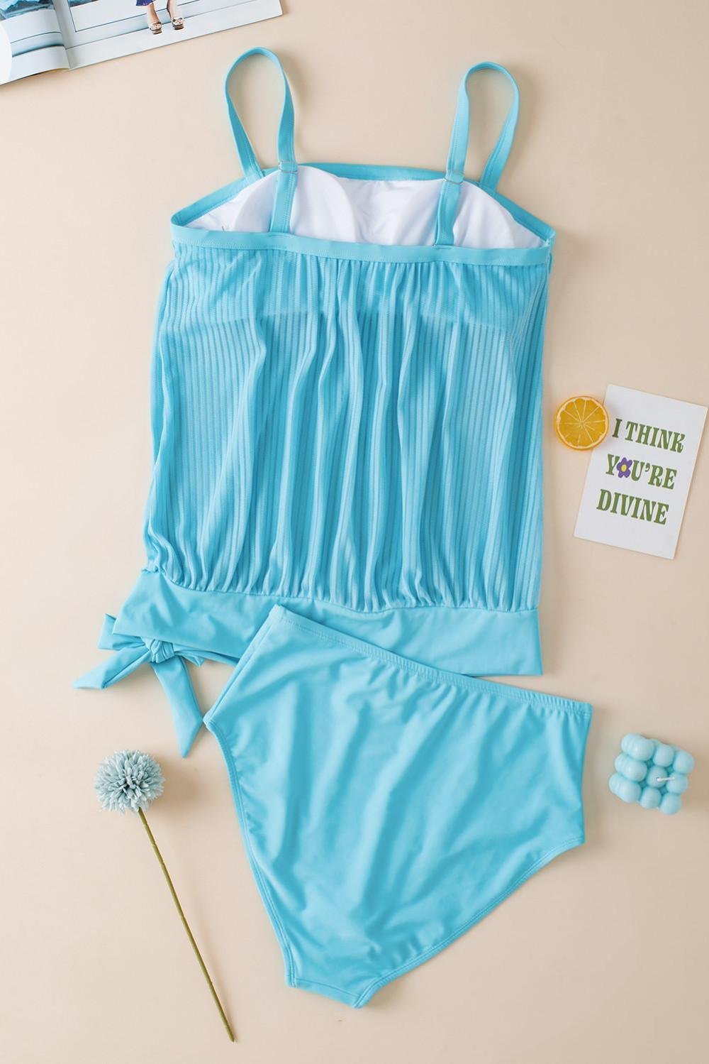 Tankinis | Women Turquoise Striped Mesh Top And Knotted Bottom Tankini Set