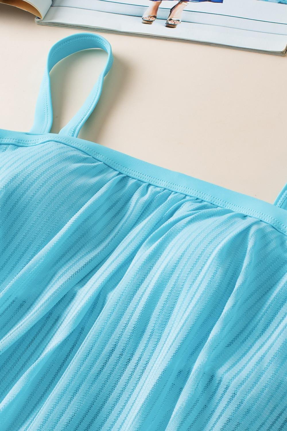 Tankinis | Women Turquoise Striped Mesh Top And Knotted Bottom Tankini Set