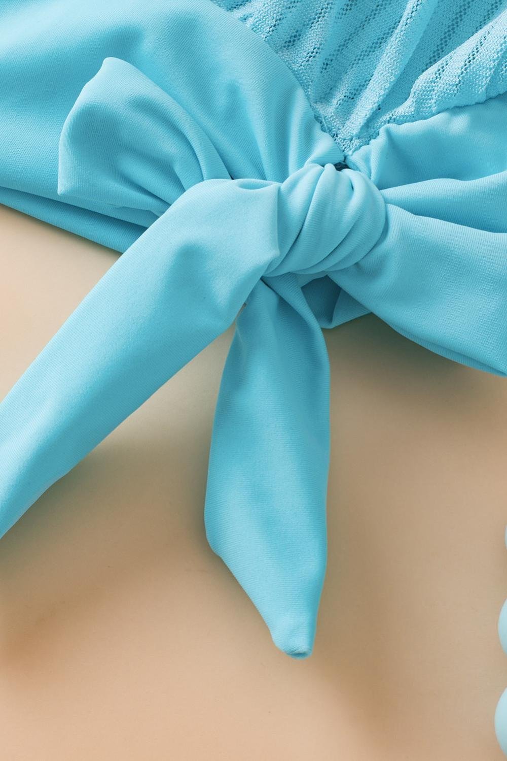 Tankinis | Women Turquoise Striped Mesh Top And Knotted Bottom Tankini Set